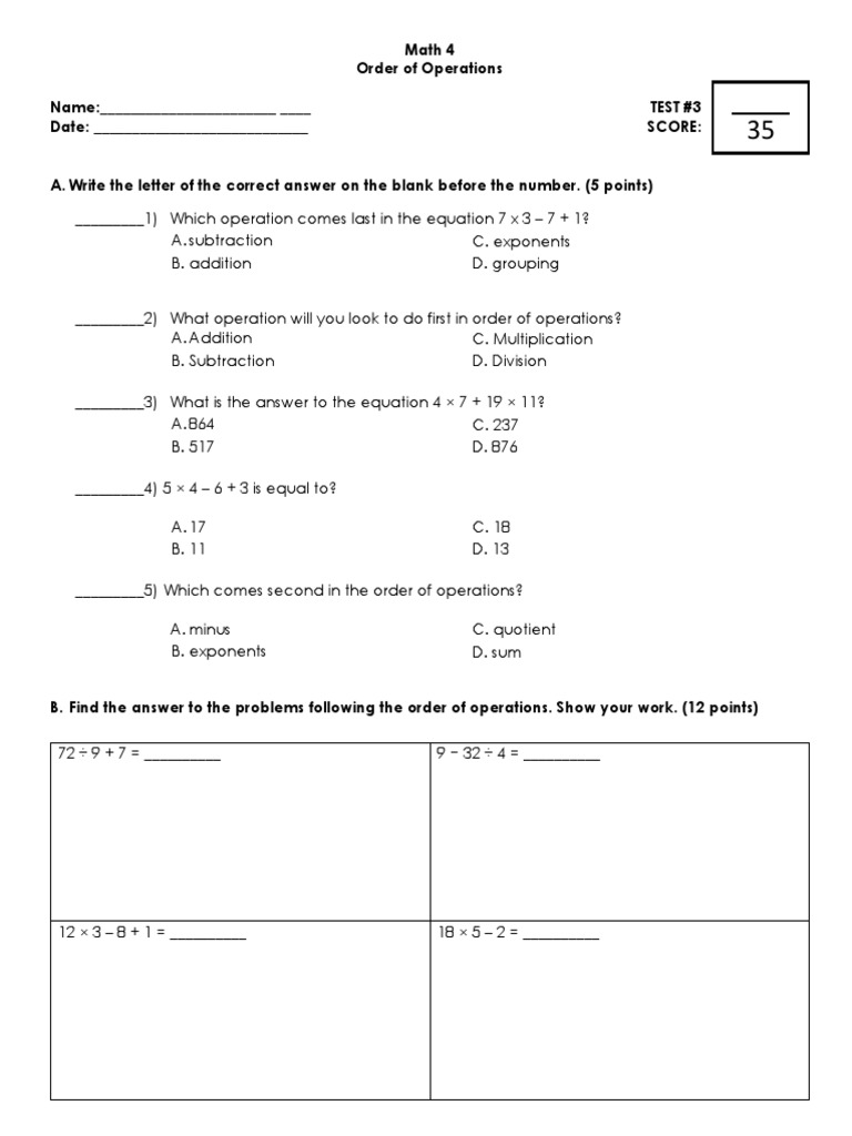 Order of Operations Test for Grade 4 | PDF