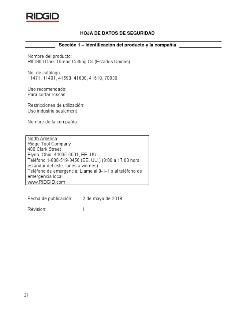 Aceite Lubricante Ridgid | PDF | Toxicología | Toxicidad