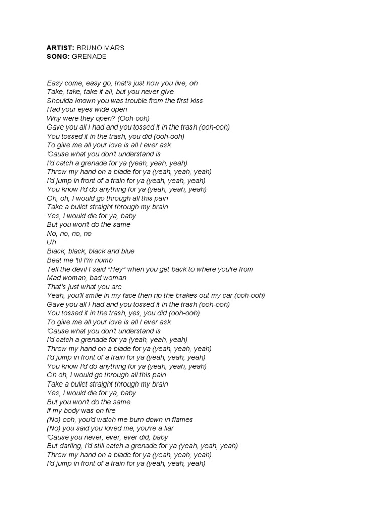 Bruno Mars Grenade Lyrics PDF Linguistics Linguistic Morphology