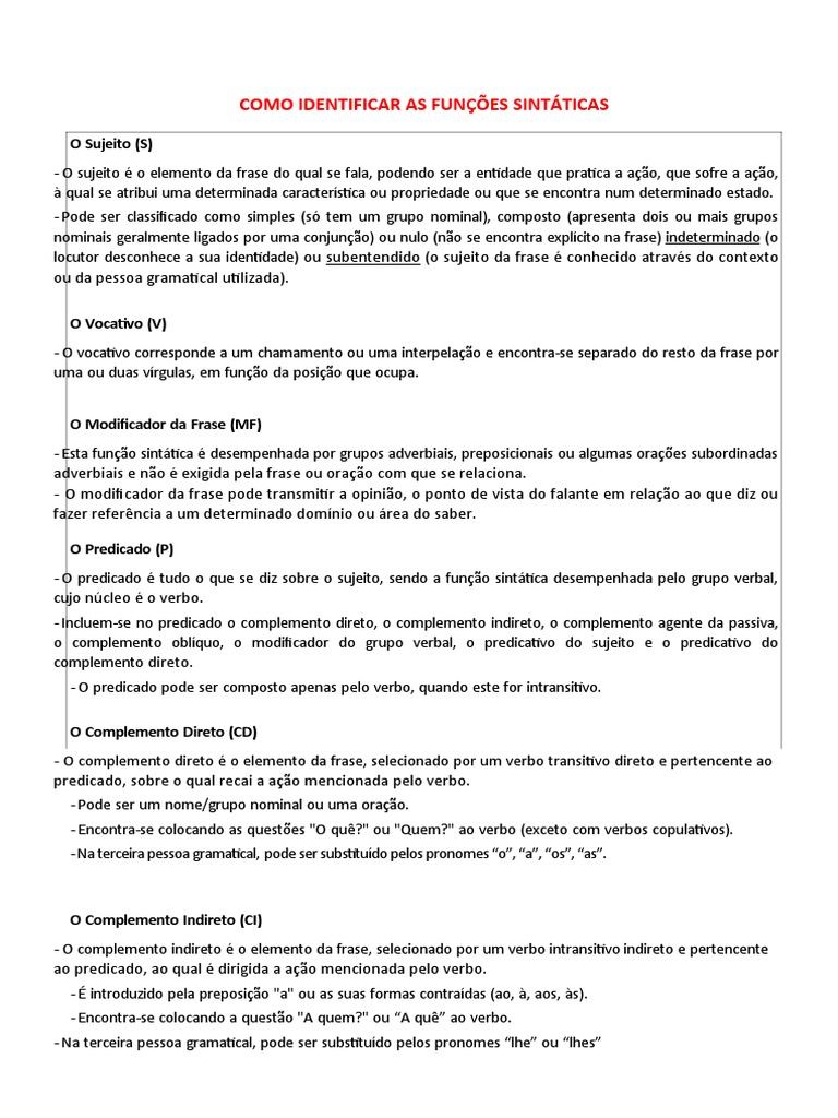 Identificação das Funções Sintáticas | PDF | Assunto (gramática ...
