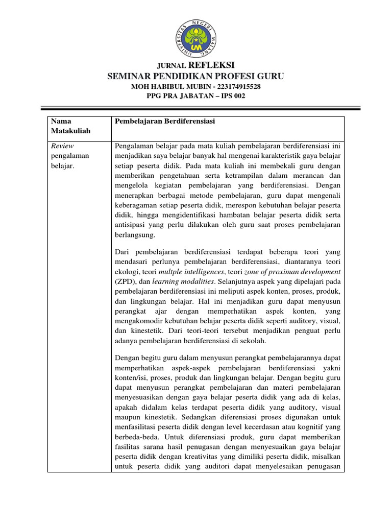 Jurnal refleksi pembelajaran berdiferensiasi pdf