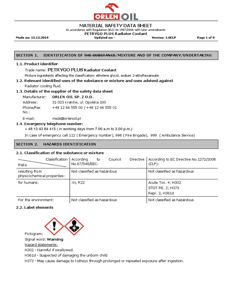 MSDS Radiator Coolant Petrygo PLUS (English) PDF Waste Dangerous
