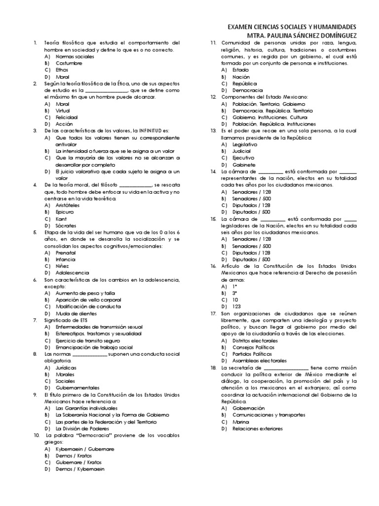 Examen de Ciencias Sociales y Humanidades | PDF