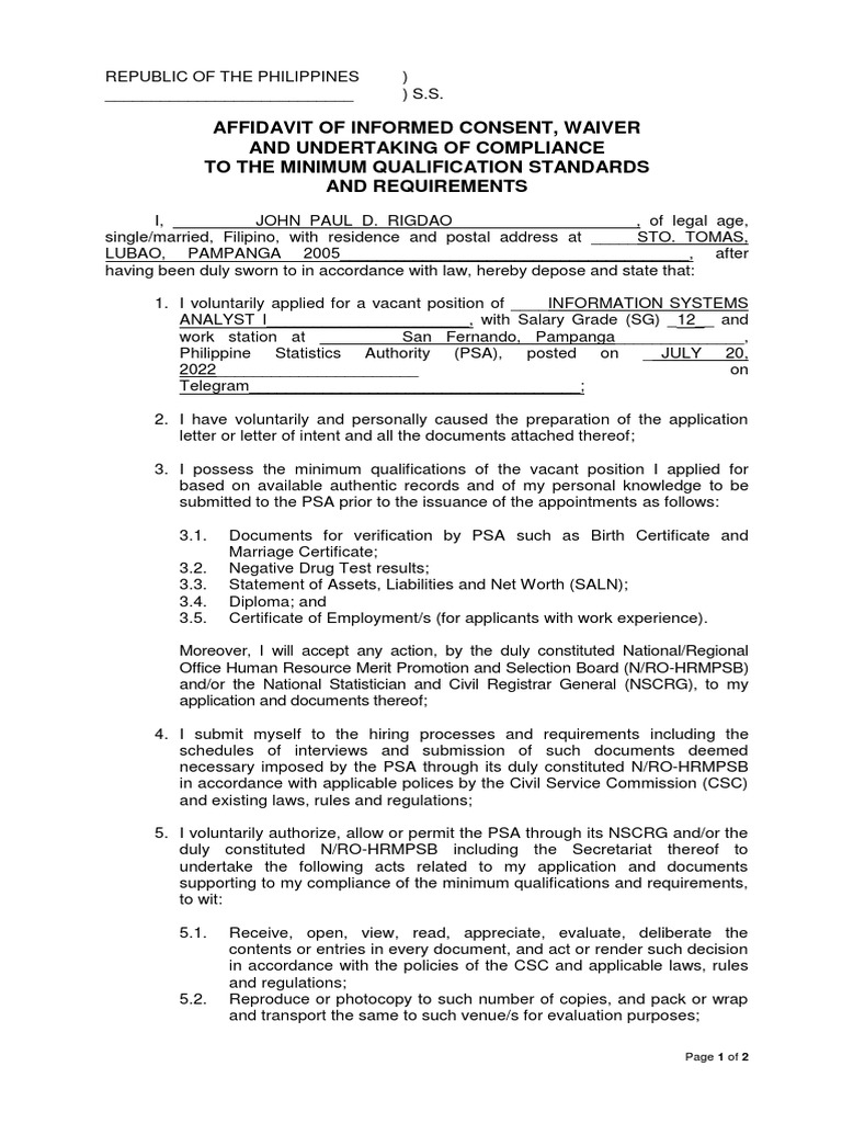 Affidavit of Informed Consent, Waiver and Undertaking of Compliance To