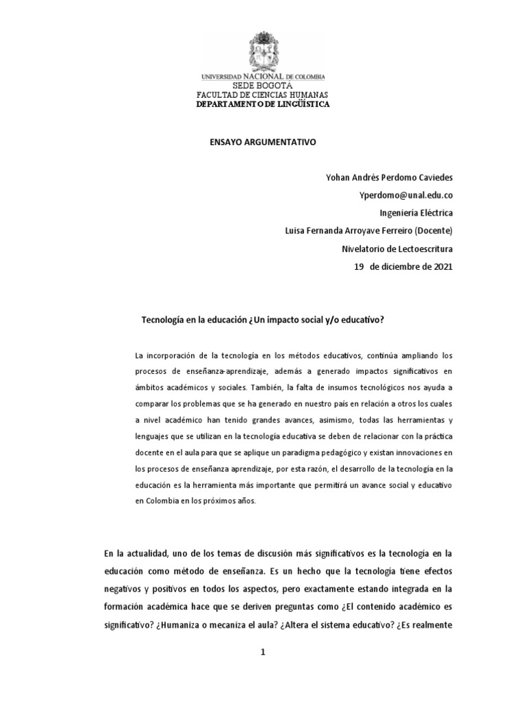 Ensayo Argumentativo | PDF | Enseñando | Aprendizaje