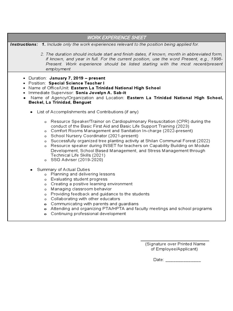 Teacher Work Experience Sheet Sample | PDF | Teachers | Internship