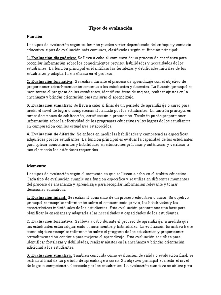 Tipos de Evaluación Educativa | PDF | Crecimiento personal y ...