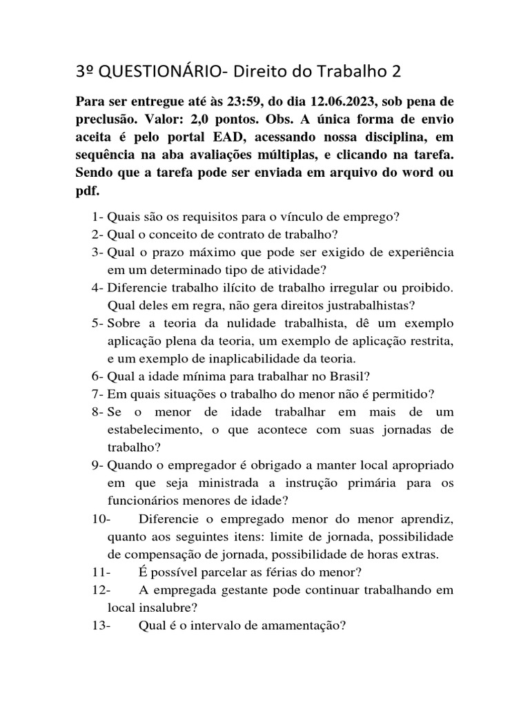 Questionário sobre Direito do Trabalho 2 | PDF | Business