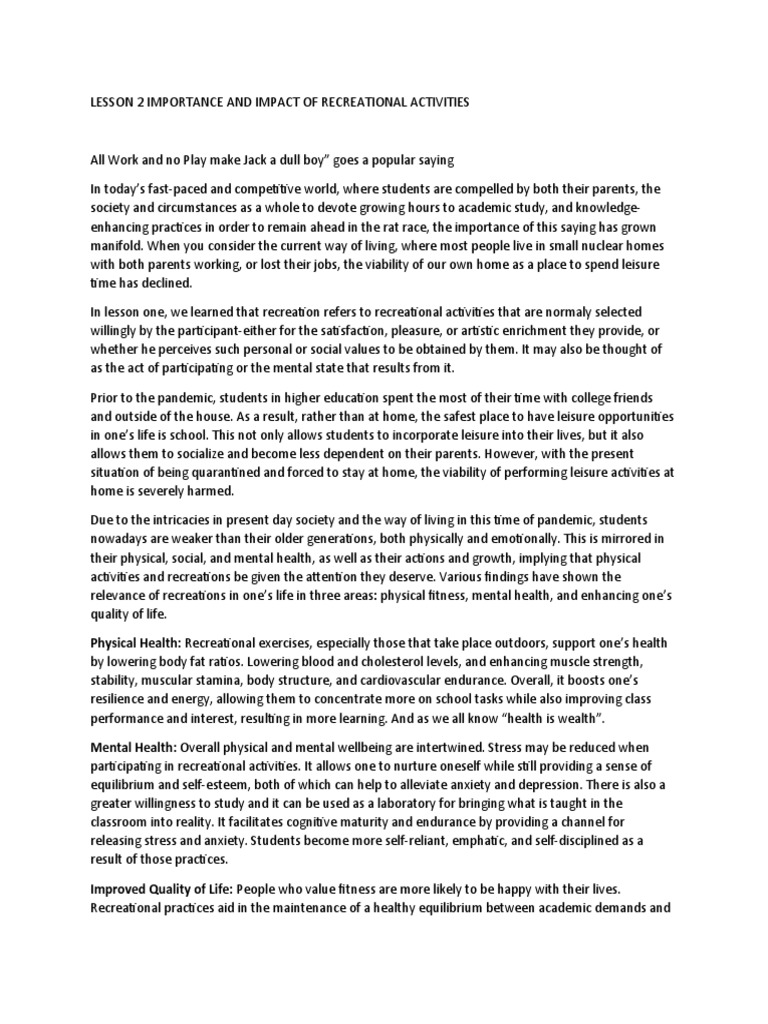 Benefits of Recreational Activities | PDF | Mental Health | Physical ...