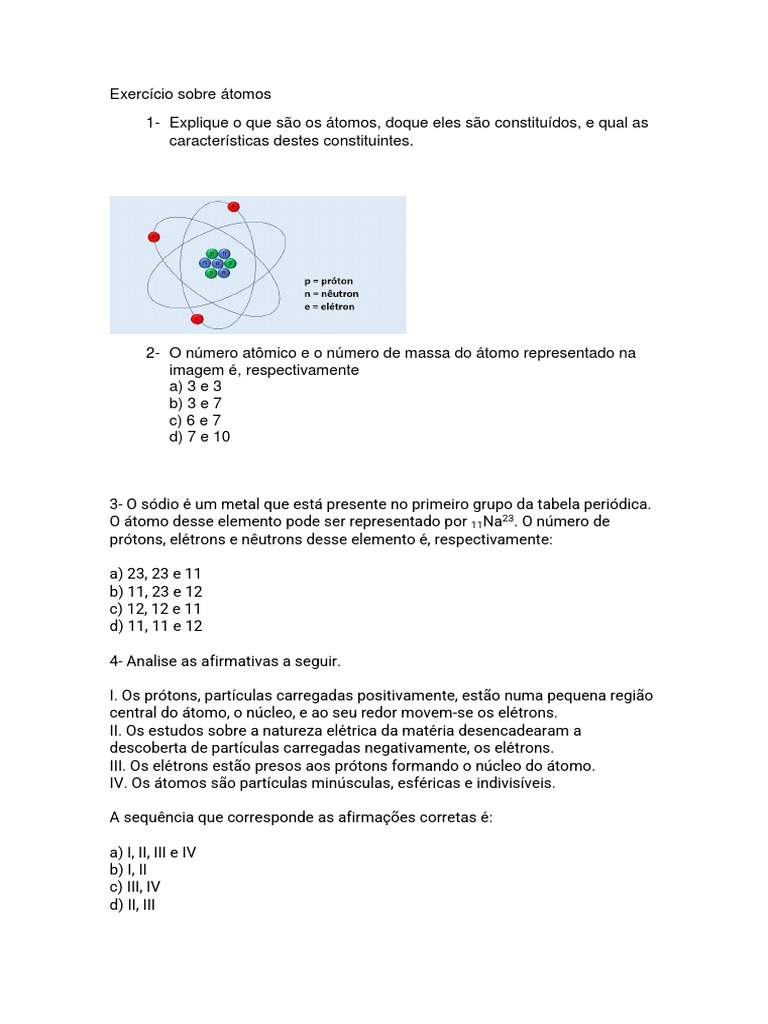 Exercícios sobre Estrutura Atômica | PDF | Métodos e Materiais de ...