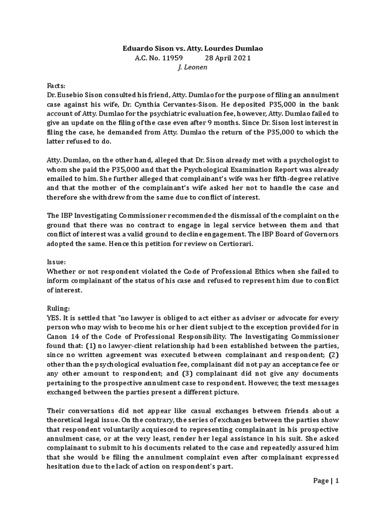 Sison vs dumlao pdf conflict of interest complaint