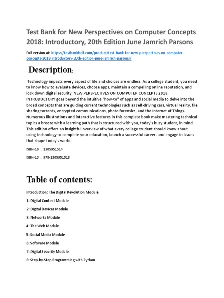 Test Bank For New Perspectives On Computer Concepts 2018 Introductory