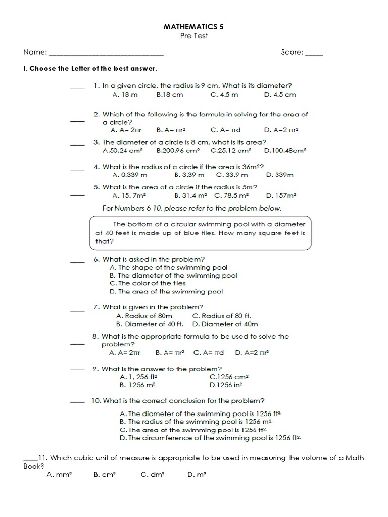 MATH5_PRE-TEST GRADE 5 | PDF