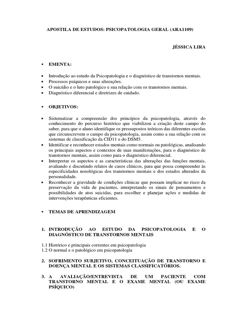 Apostila De Estudos Completa Pdf Psicopatologia Psiquiatria