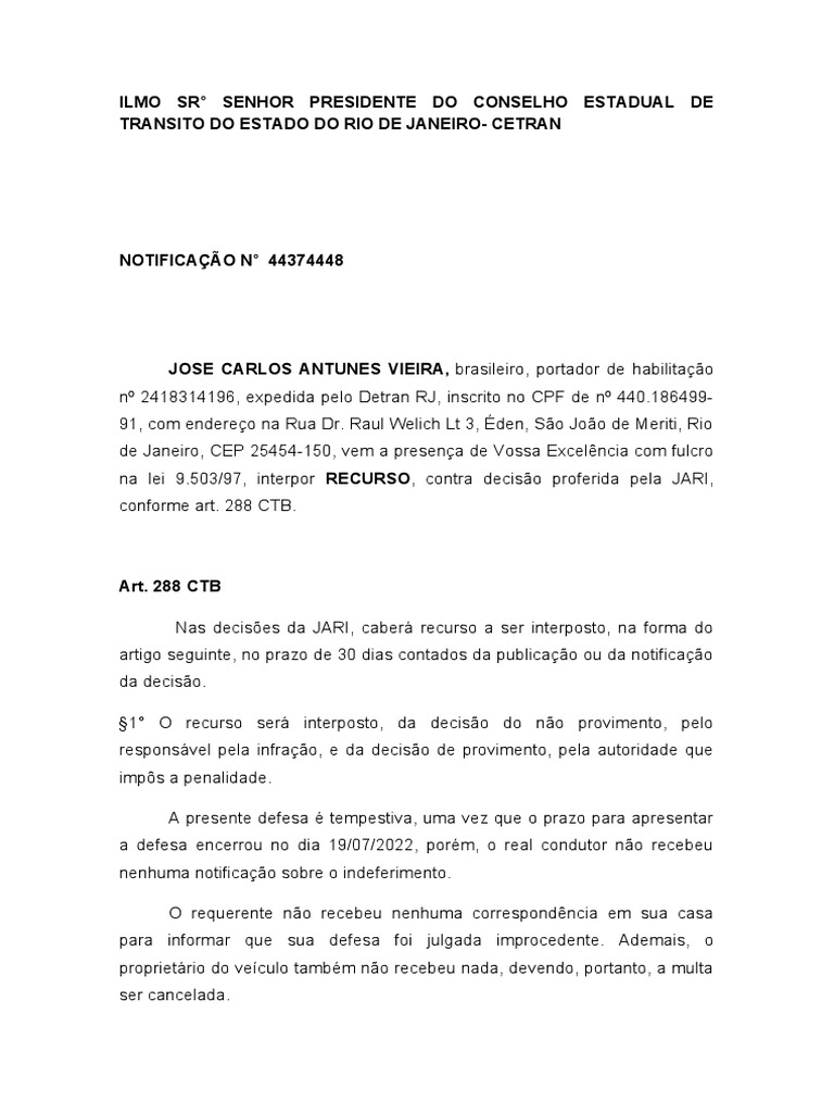 Recurso contra Multa de Trânsito RJ | PDF | Direito