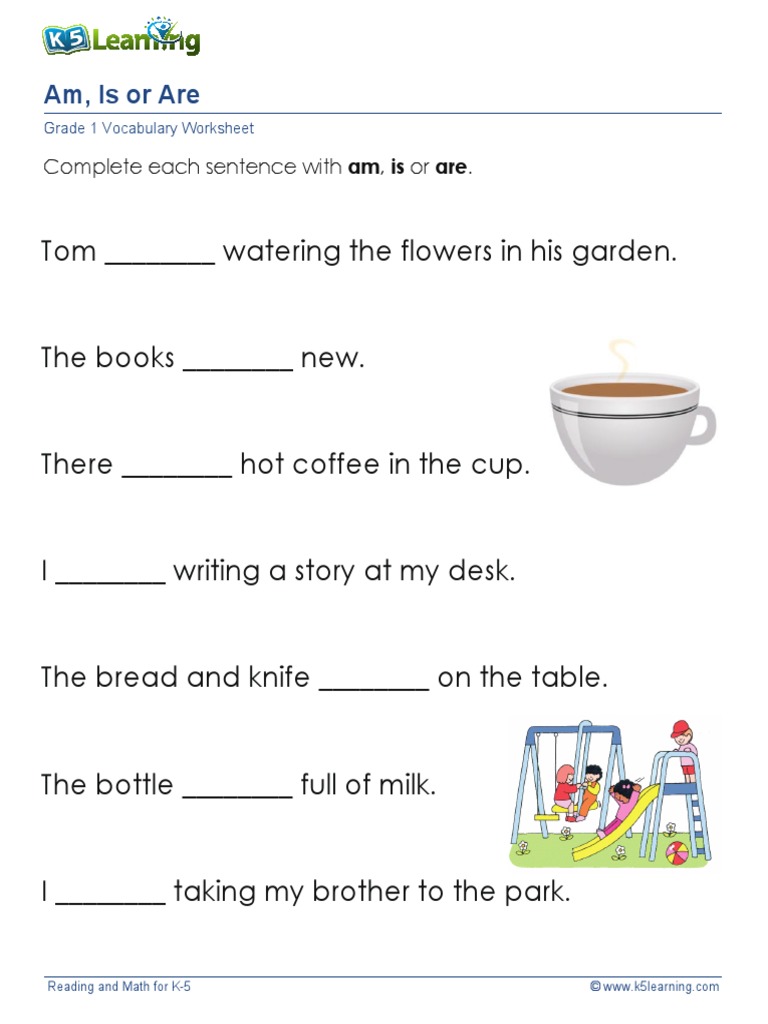 Grade 1 Worksheet in English Am Is Are PDF