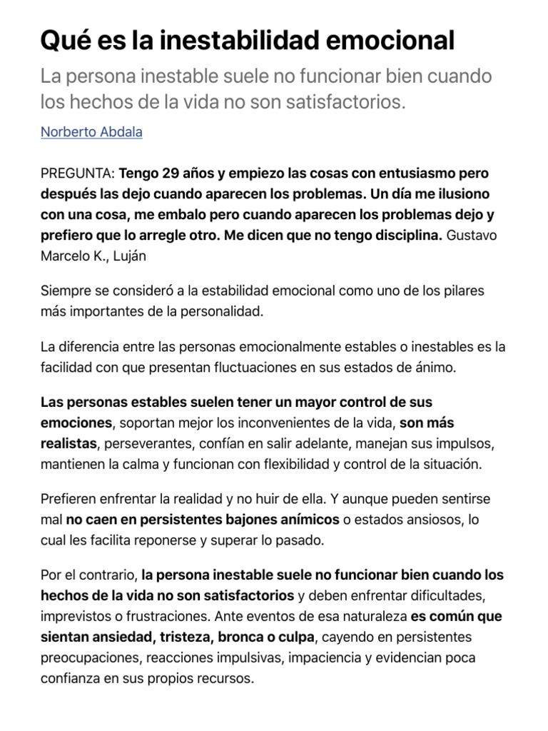 Definición de inestabilidad emocional | PDF | Ansiedad | Las emociones