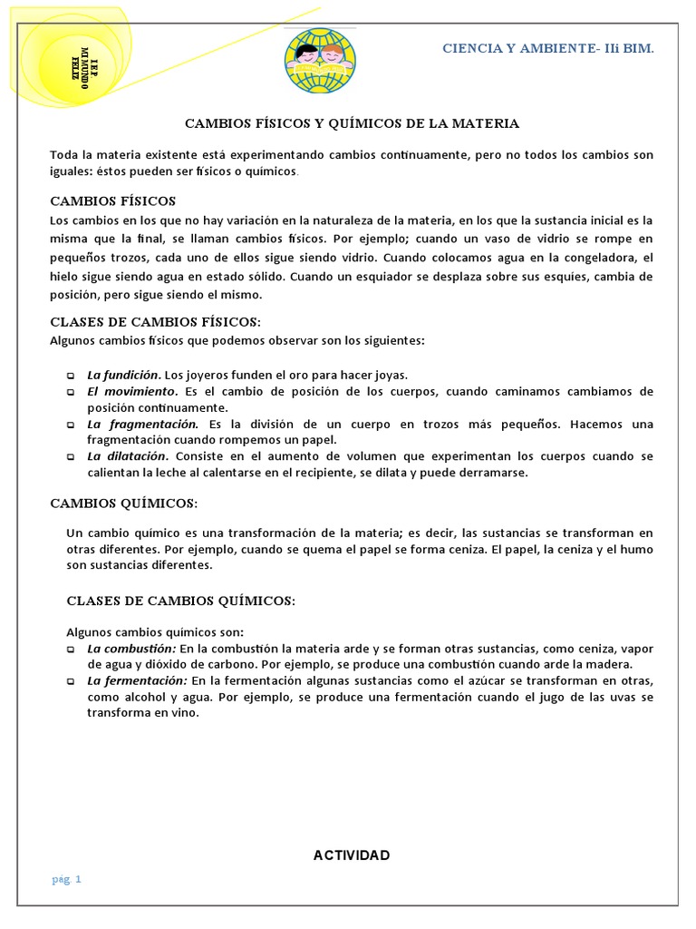 Cambios Físicos y Químicos en Materia | PDF | Sustancias químicas ...