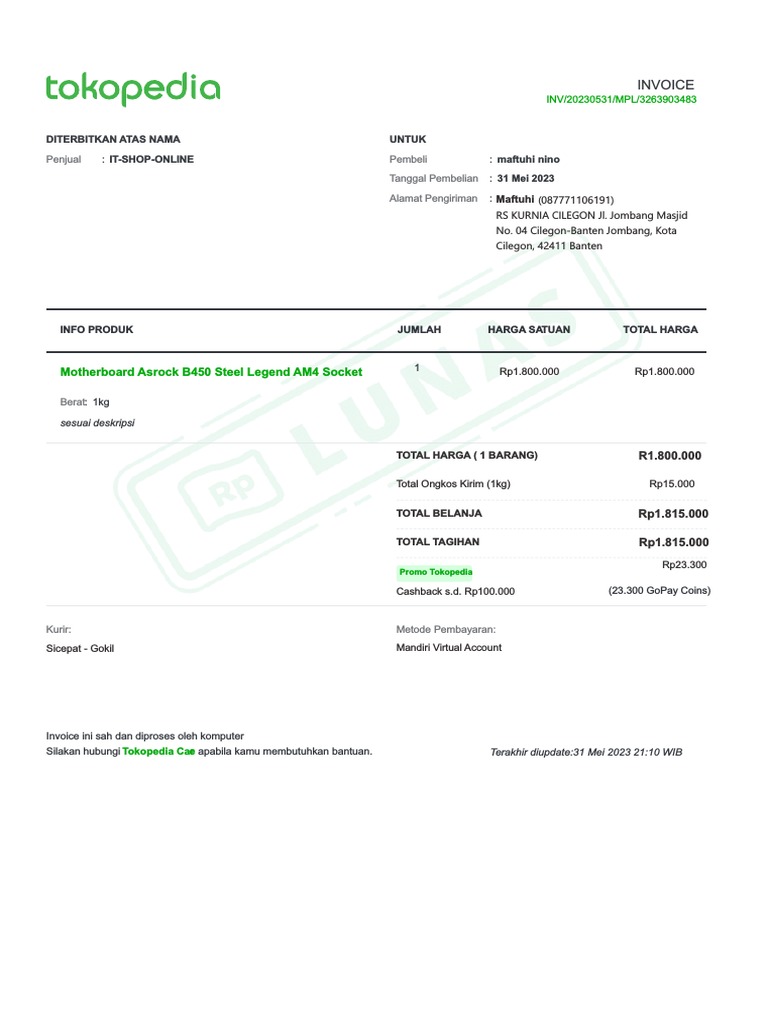 Invoice Pembelian Motherboard Asrock | PDF