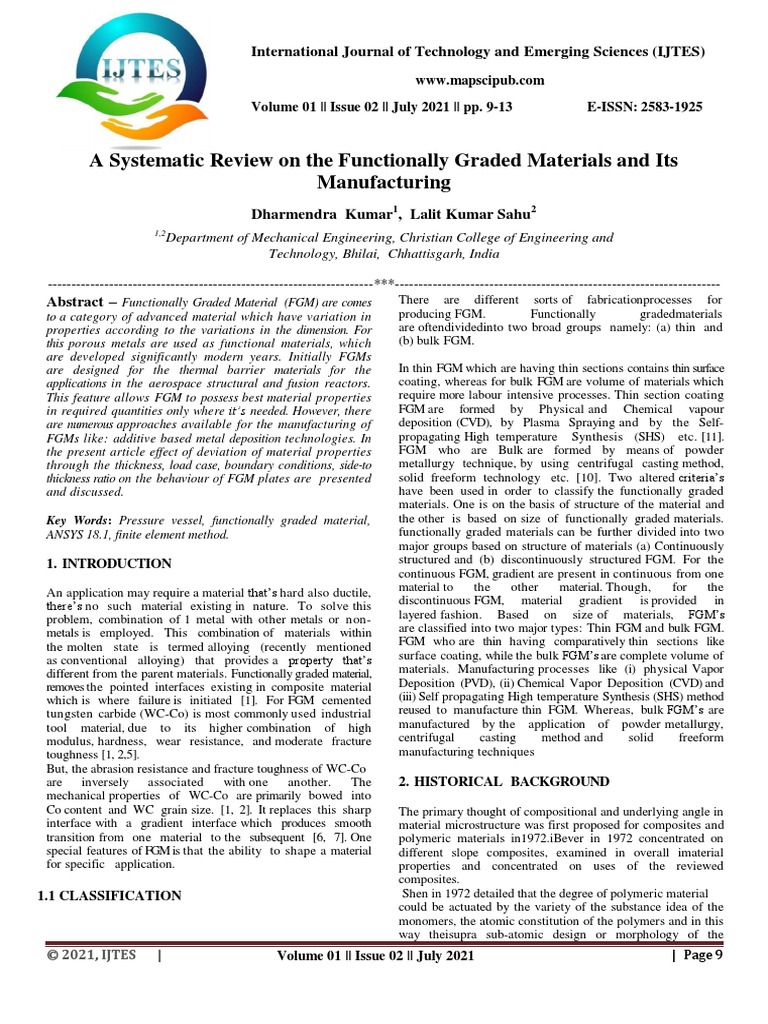 A Systematic Review On The Functionally Graded Materials and Its ...