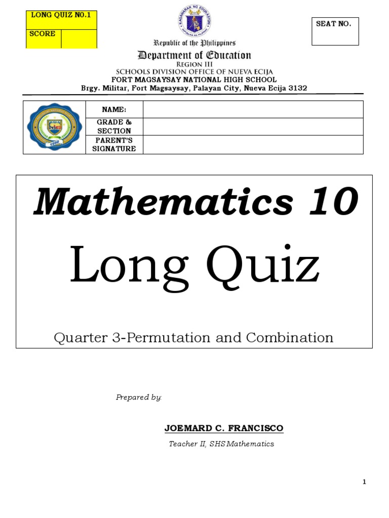 Math 10 Long Quiz: Permutations & Combinations | PDF