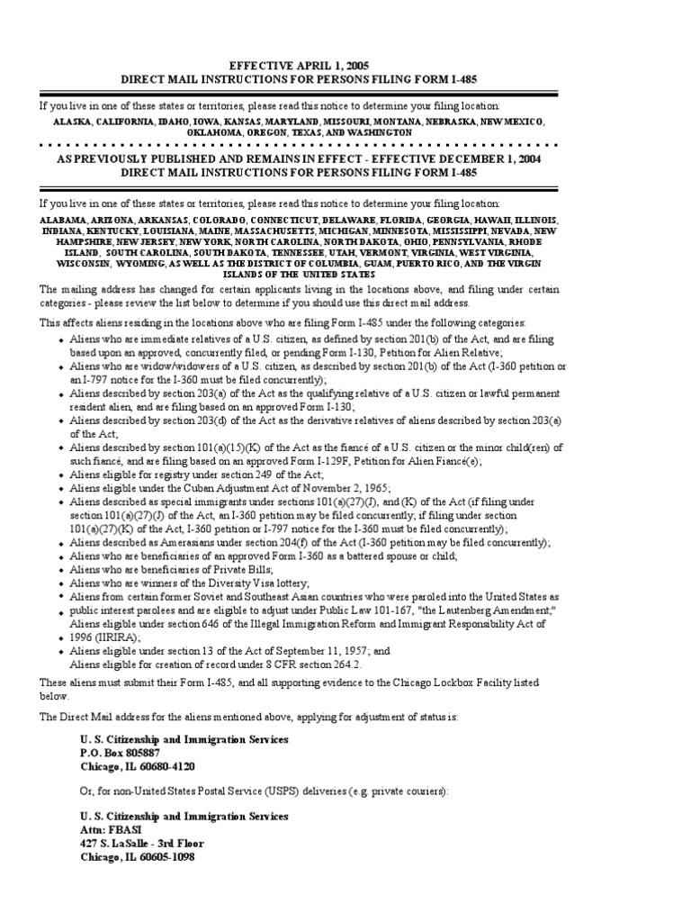 Direct Mail Instructions for Form I-485 | PDF | Illegal Immigration ...