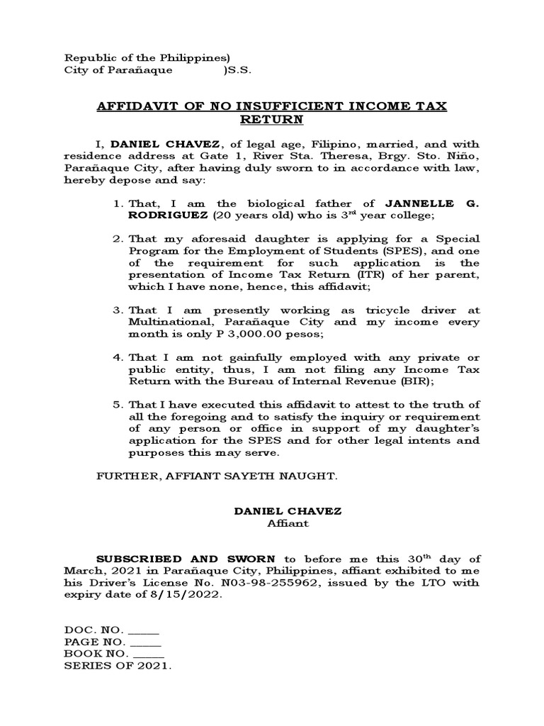 Affidavit of No Income Tax Return | PDF
