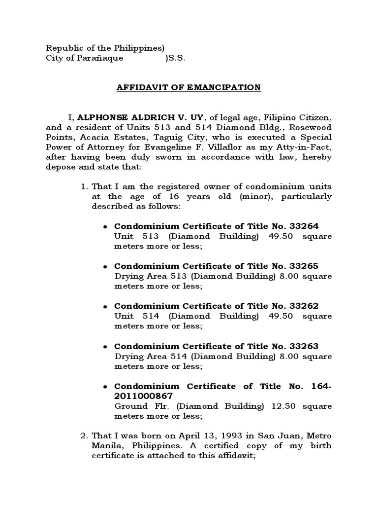 Affidavit of Emancipation in the Philippines | PDF