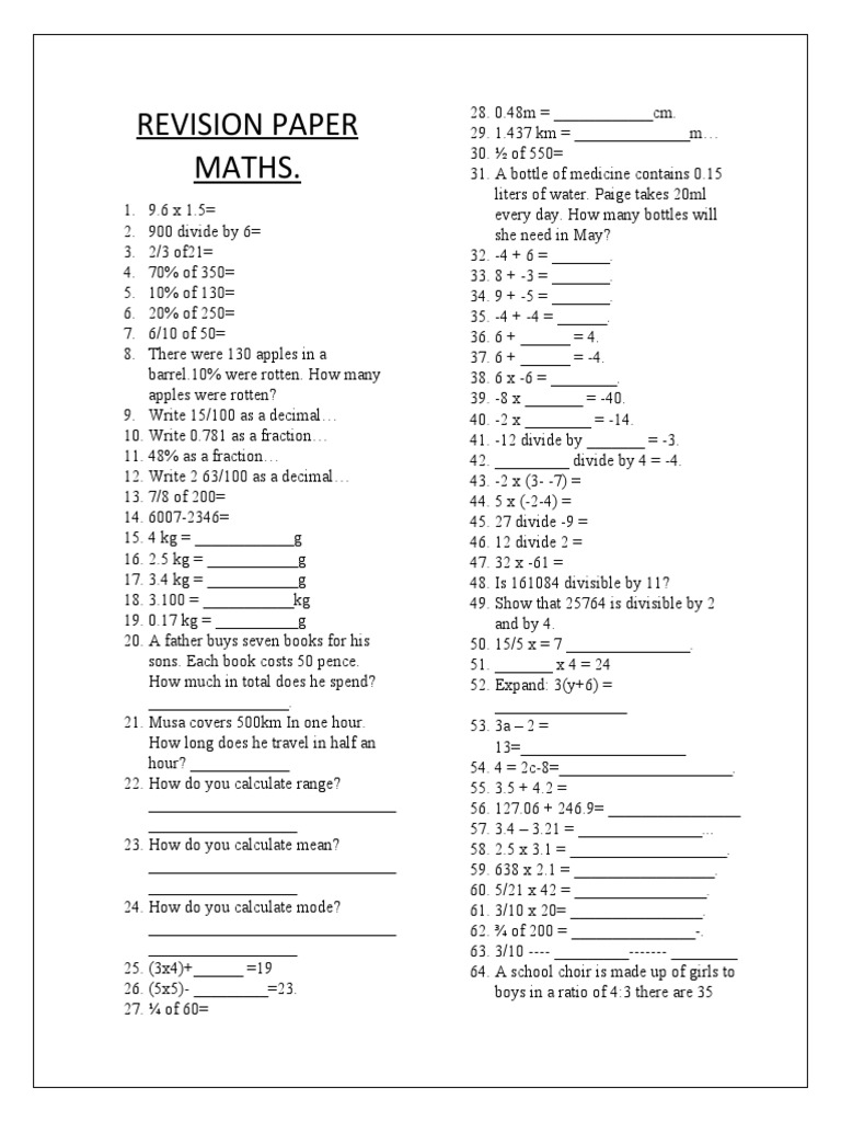 REVISION PAPER MATHS Year 7 | PDF
