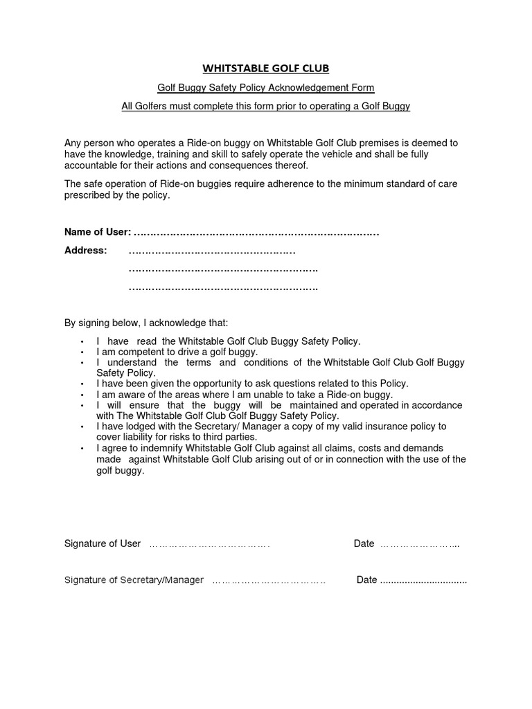 WGC Golf Buggy Safety Acknowledgement Form PDF