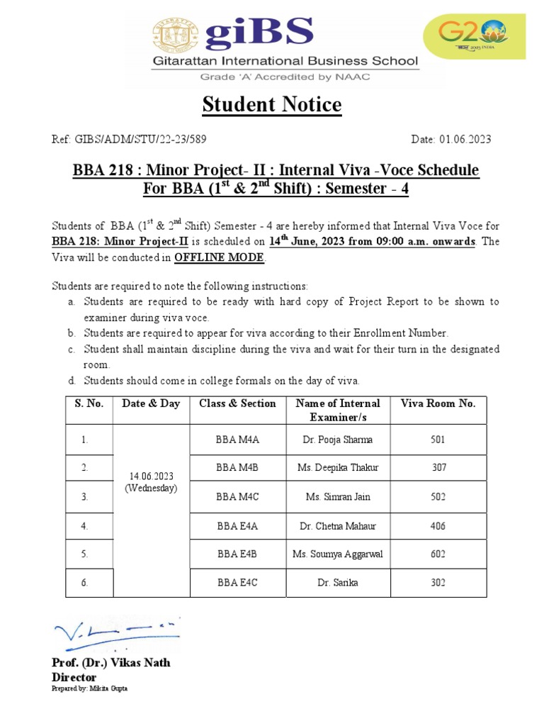BBA 218 Internal Viva Schedule | PDF