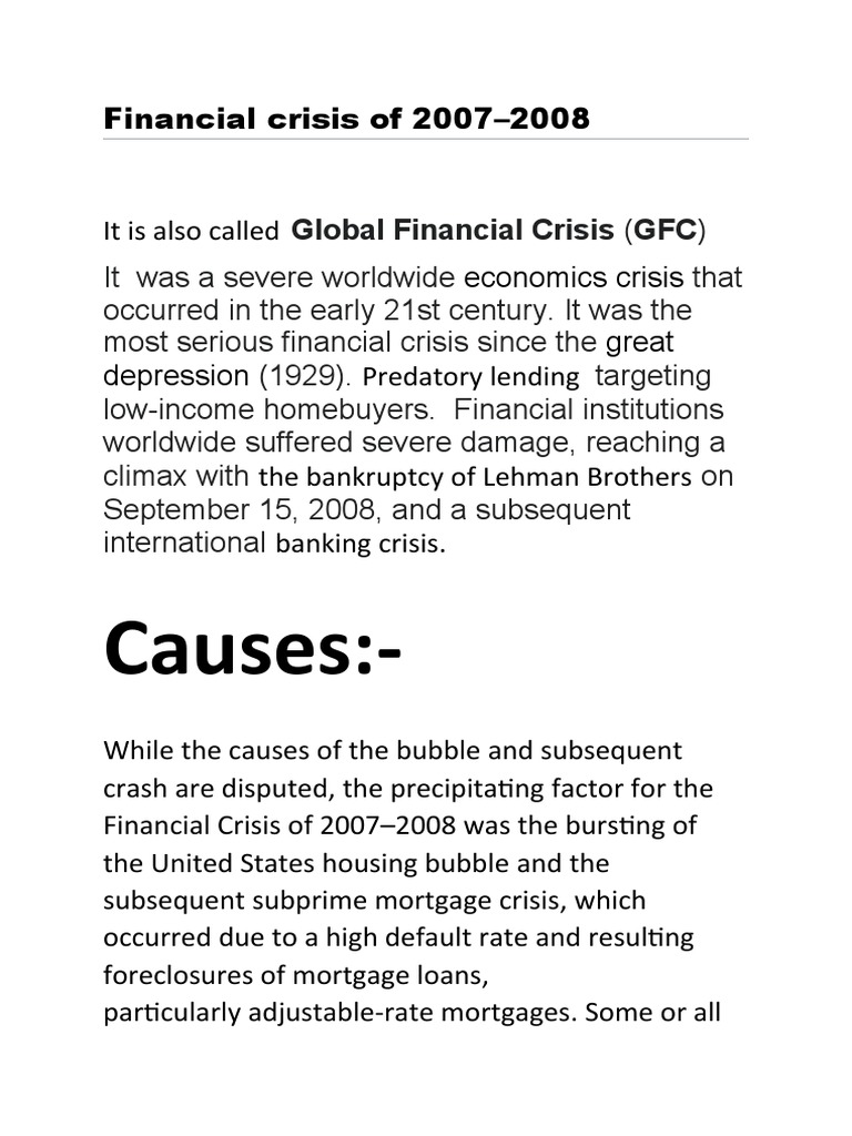 FINANCIAL CRISIS OF 2007 08 intelligence overview