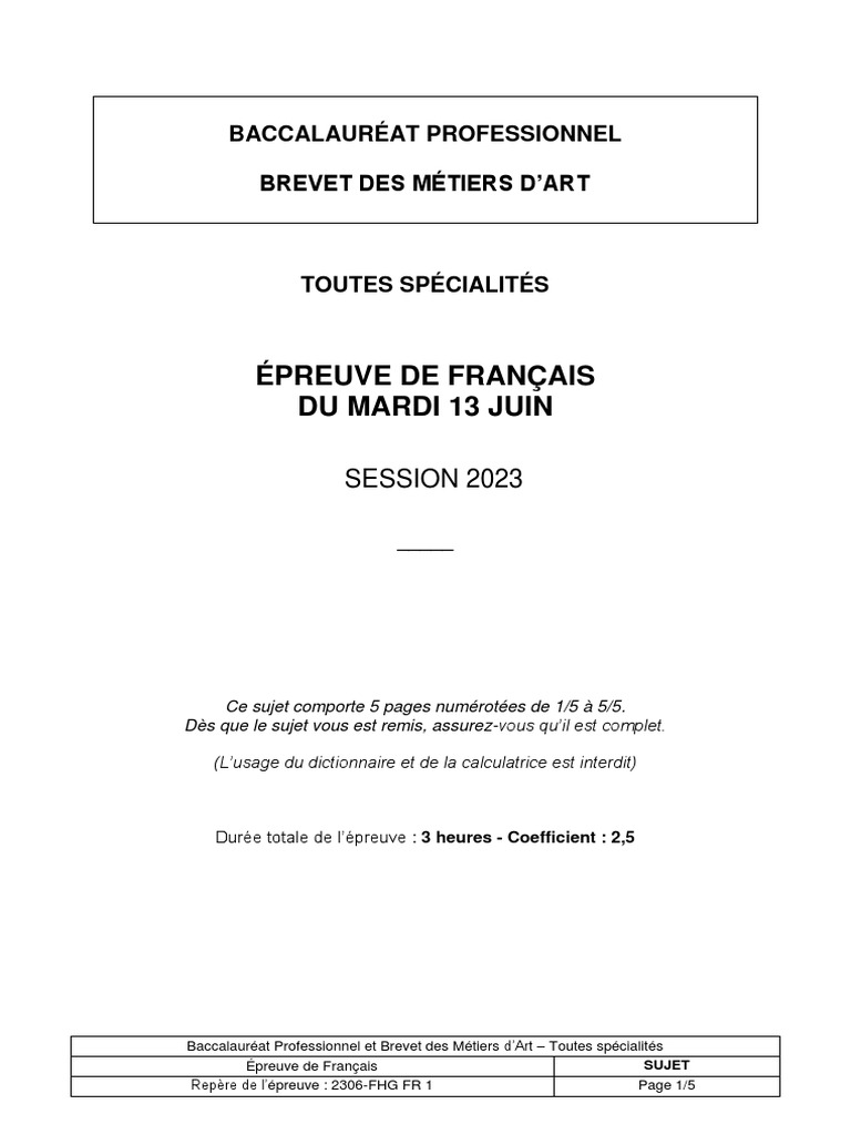 Correction Brevet Francais 2023 Pro Bac Professionnel 2023 Français | PDF