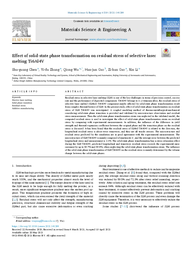 Effect of Solid-State Phase Transformation On Residual Stress of ...