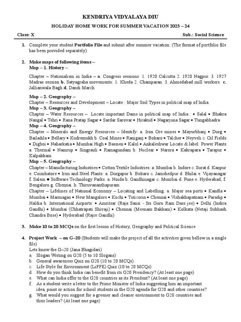 Class 10 Summer Vacation Homework | PDF