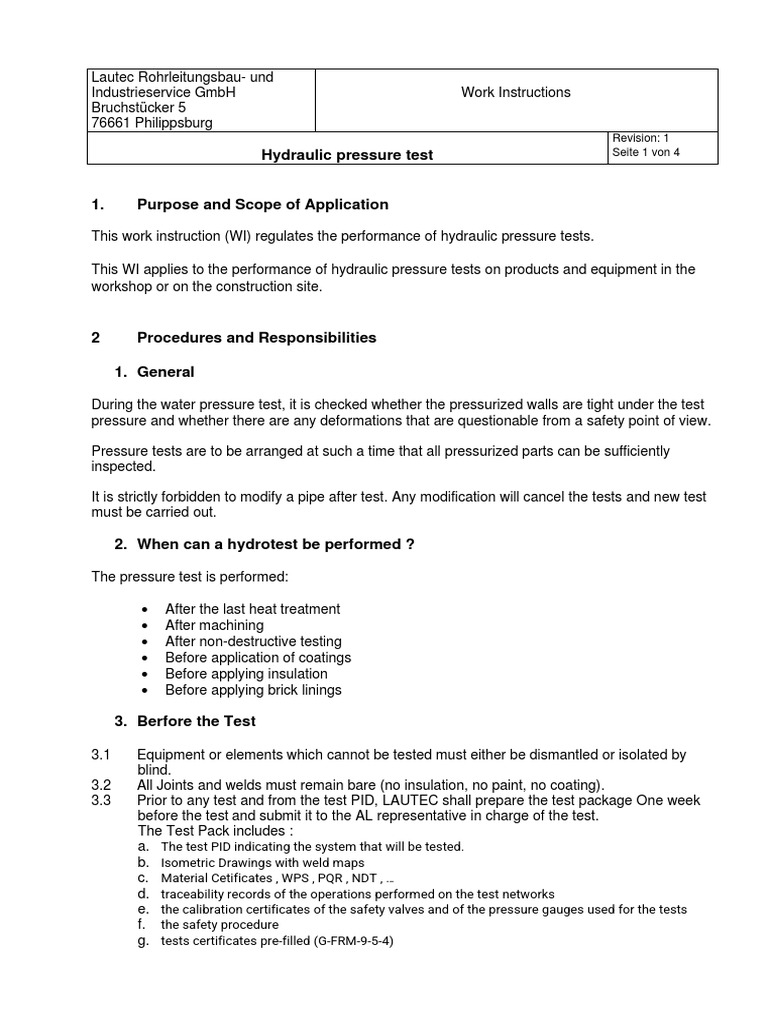 Hydraulic Pressure Test | PDF | Leak | Pipe (Fluid Conveyance)