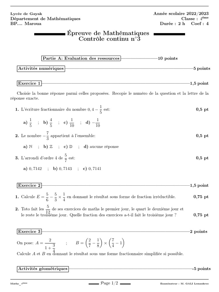 Épreuve de Maths 4ème - Contrôle 3 | PDF | Triangle | Nombre