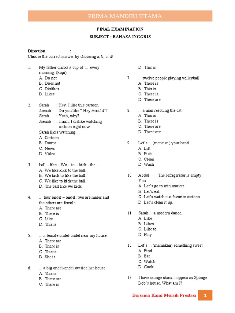 Eng Final Exam 5TH Grade | PDF