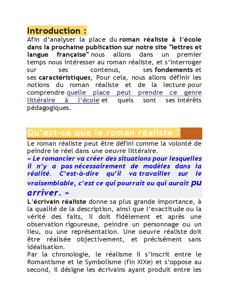 Comprendre le roman réaliste à l'école | PDF | Réalisme (littérature ...