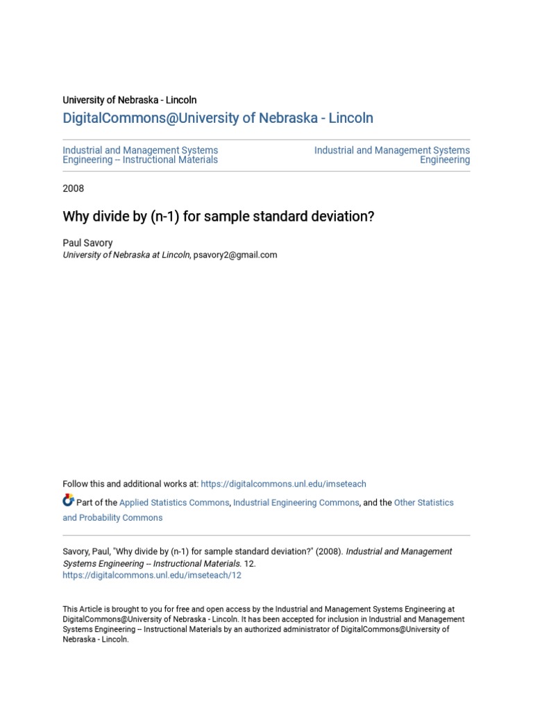 Why Divide by (N-1) for Sample Standard Deviation | PDF | Variance | Mean