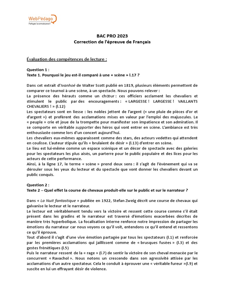 Correction Brevet Francais 2023 Pro Correction Bac Pro Français 2023 | PDF | Télé-réalité | Échecs