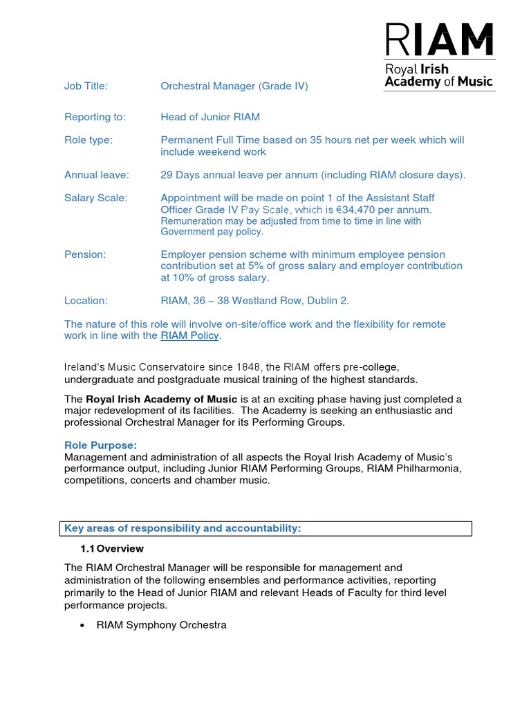 Grade IV RIAM Orchestral Manager Job Description PDF