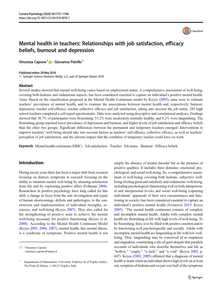 Mental Health in Teachers: Relationships With Job Satisfaction ...