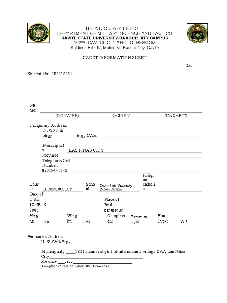 Cadet Application Information Sheet | PDF