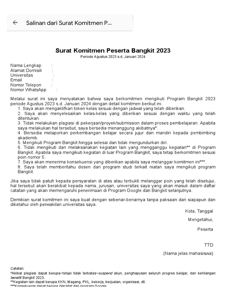 Surat Komitmen Program Bangkit 2023 | PDF