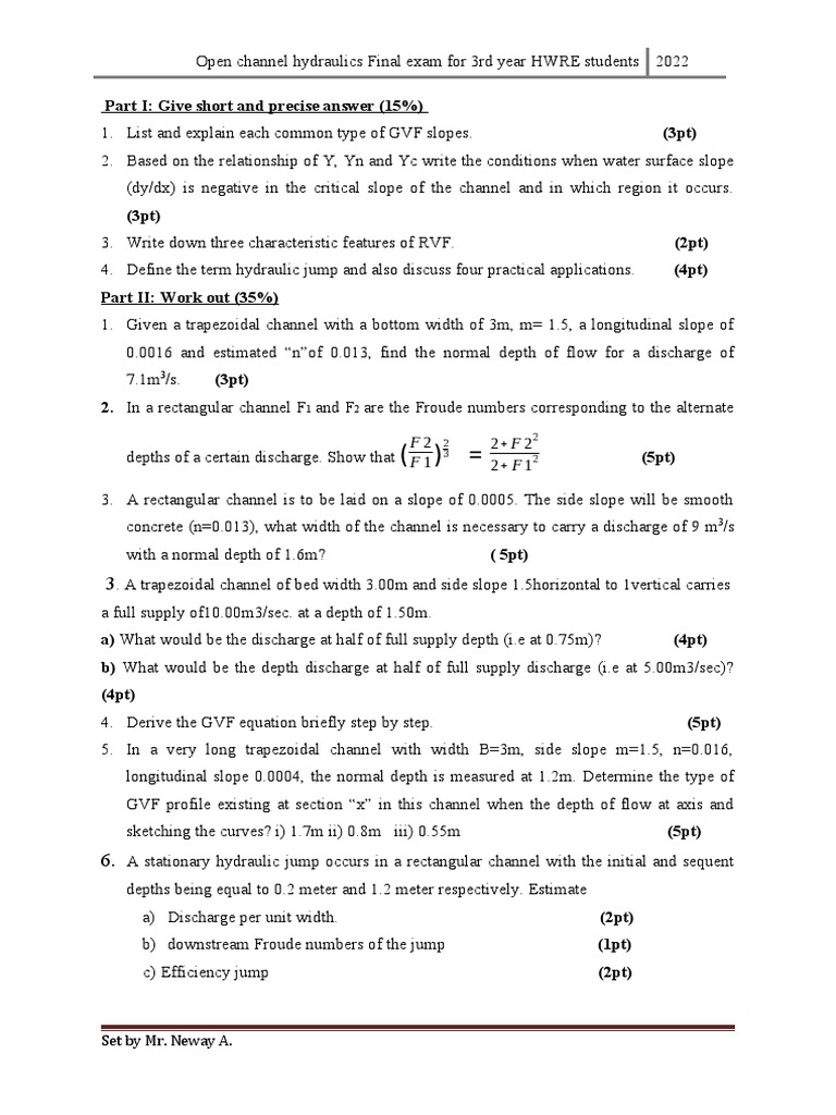 2014 Open Channel Final Exam PDF Dynamics (Mechanics) Fluid Mechanics