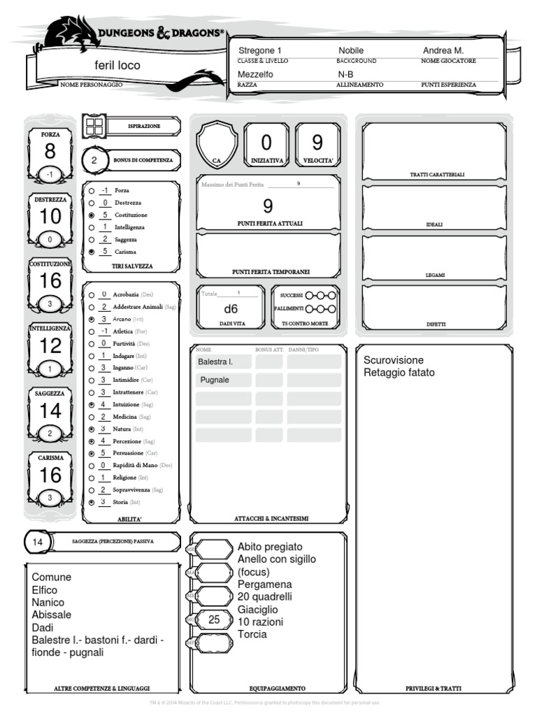 D&D 5e Scheda Personaggio Ufficiale ITALIANO | PDF