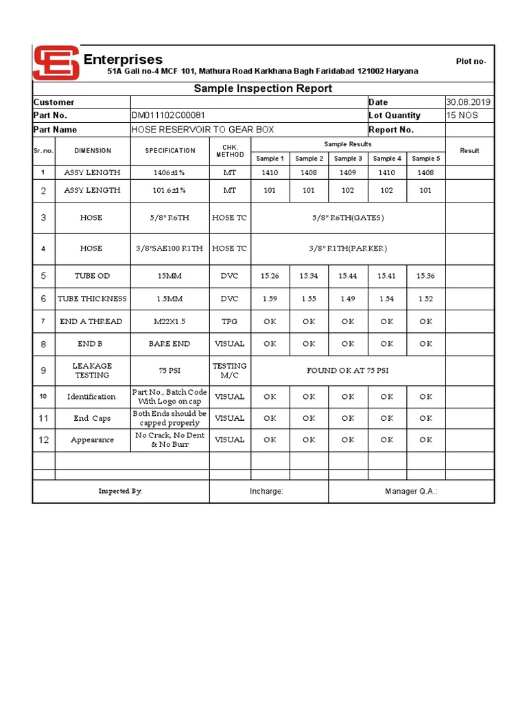 Sample Inspection Report for Hoses | PDF | Mechanical Engineering