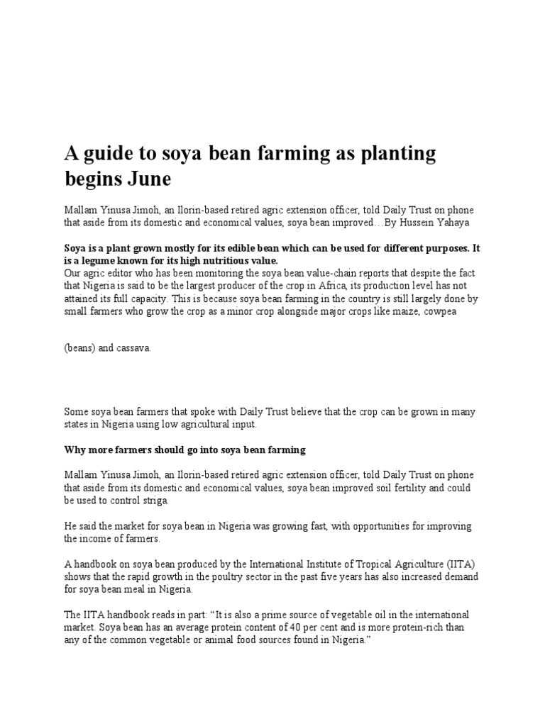 A Guide To Soya Bean Farming As Planting Begins June PDF Soybean Fertilizer