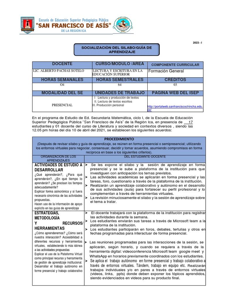 Silabo Lectura y Escritura en La Educación Superior | PDF